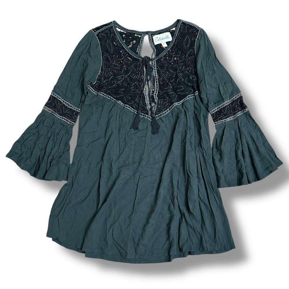 Cleobella Black Embroidered Boho‎ Tunic Dress Bell Sleeve Lace Rayon Size S